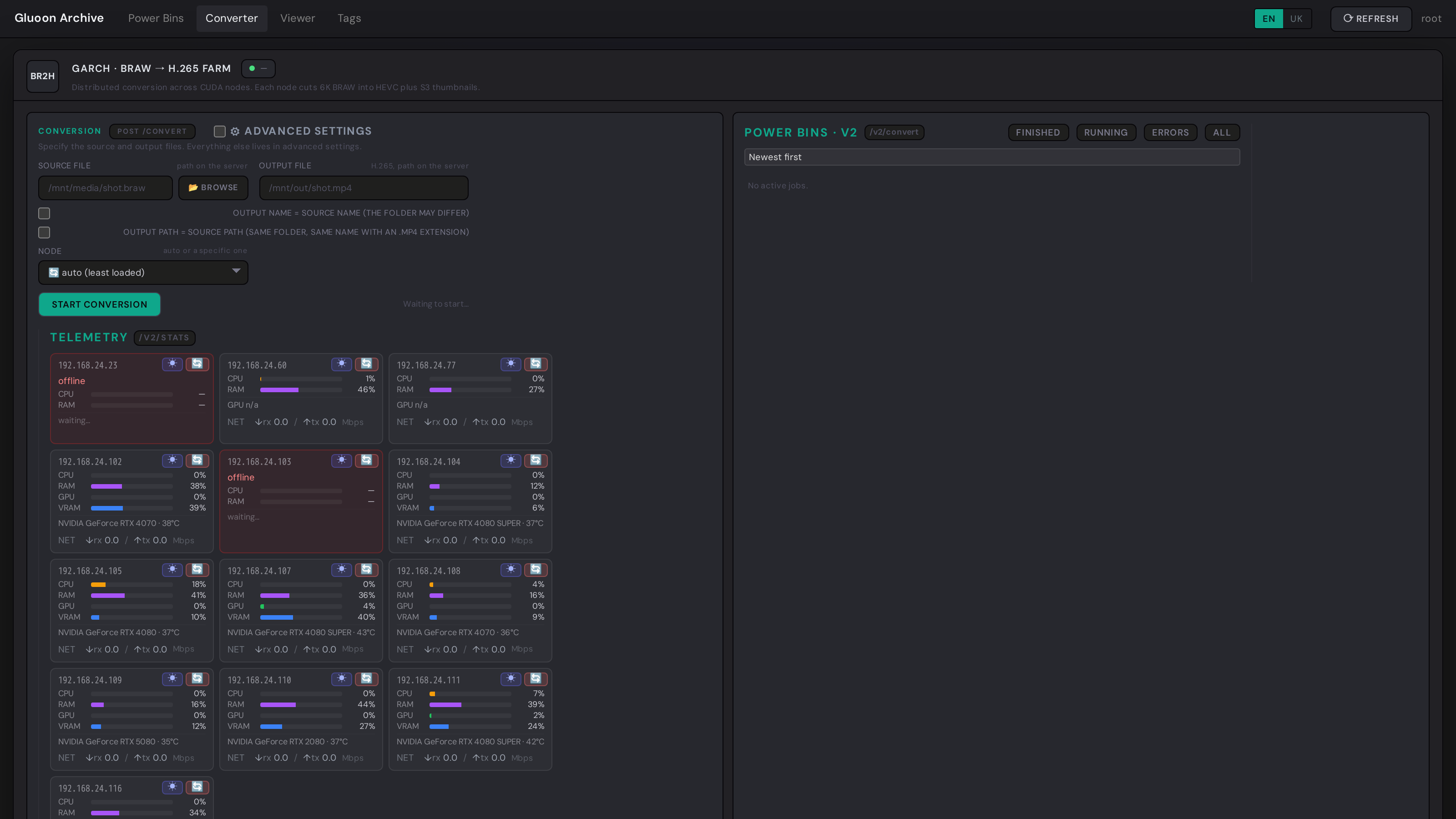 GARCH dashboard: per-node GPU and VRAM bars, job queue and conversion stages.
